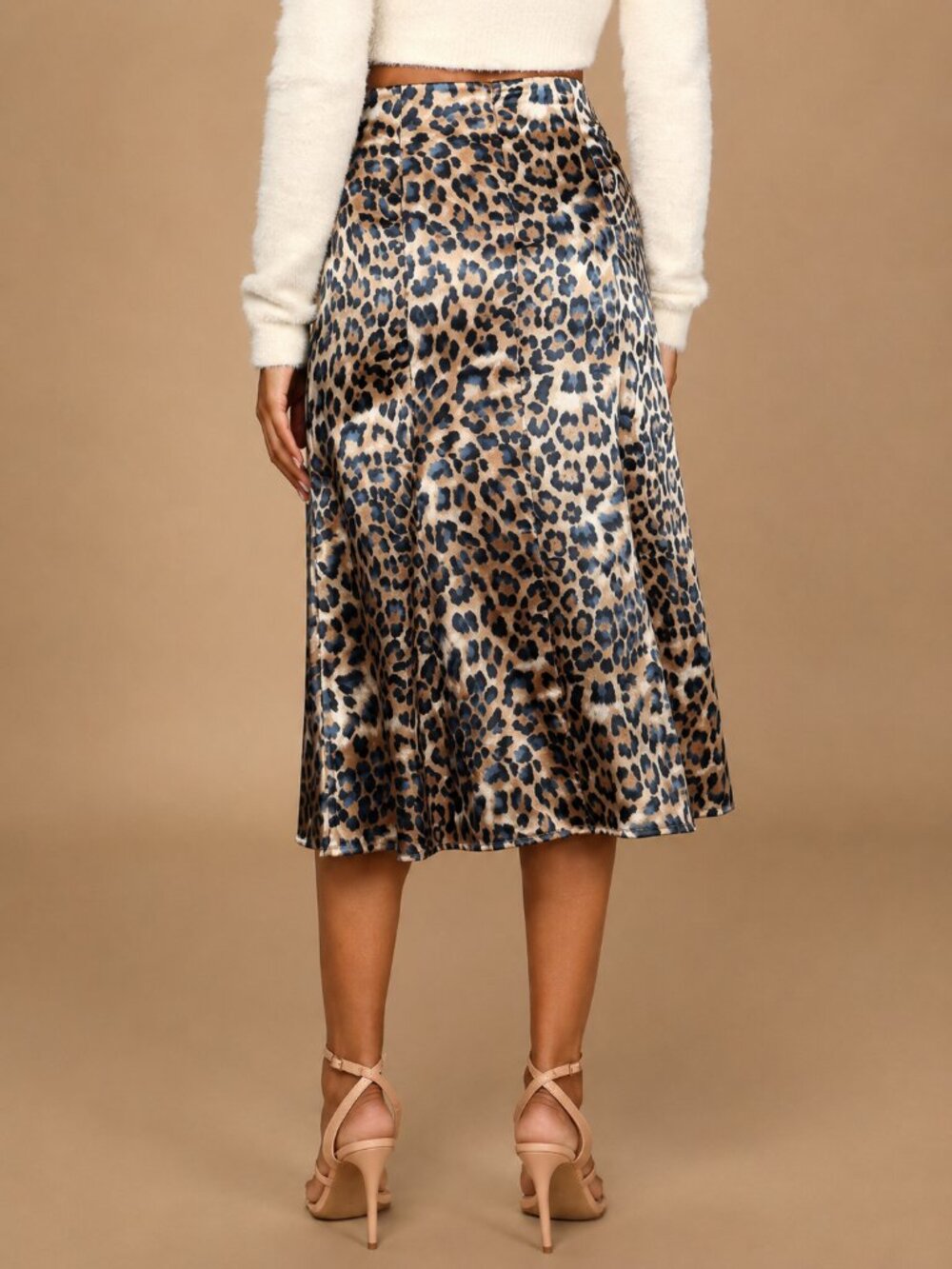 Lulus Blue Tan Gray Leopard Print Satin Midi Skirt Size Small Animal Pattern - Picture 2 of 7